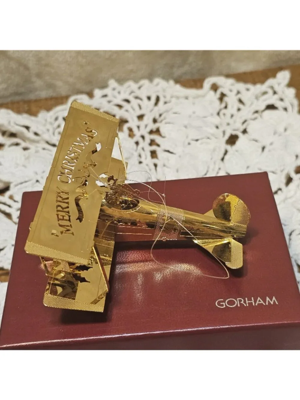 Gorham 3D Gold tone Metal Airplane Laser Cut Out Merry Christmas Boxed